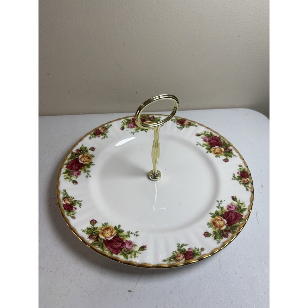 Vtg‎ Royal Albert OLD COUNTRY ROSES 1 Tier Serving Plate W/Gold Handle Dessert